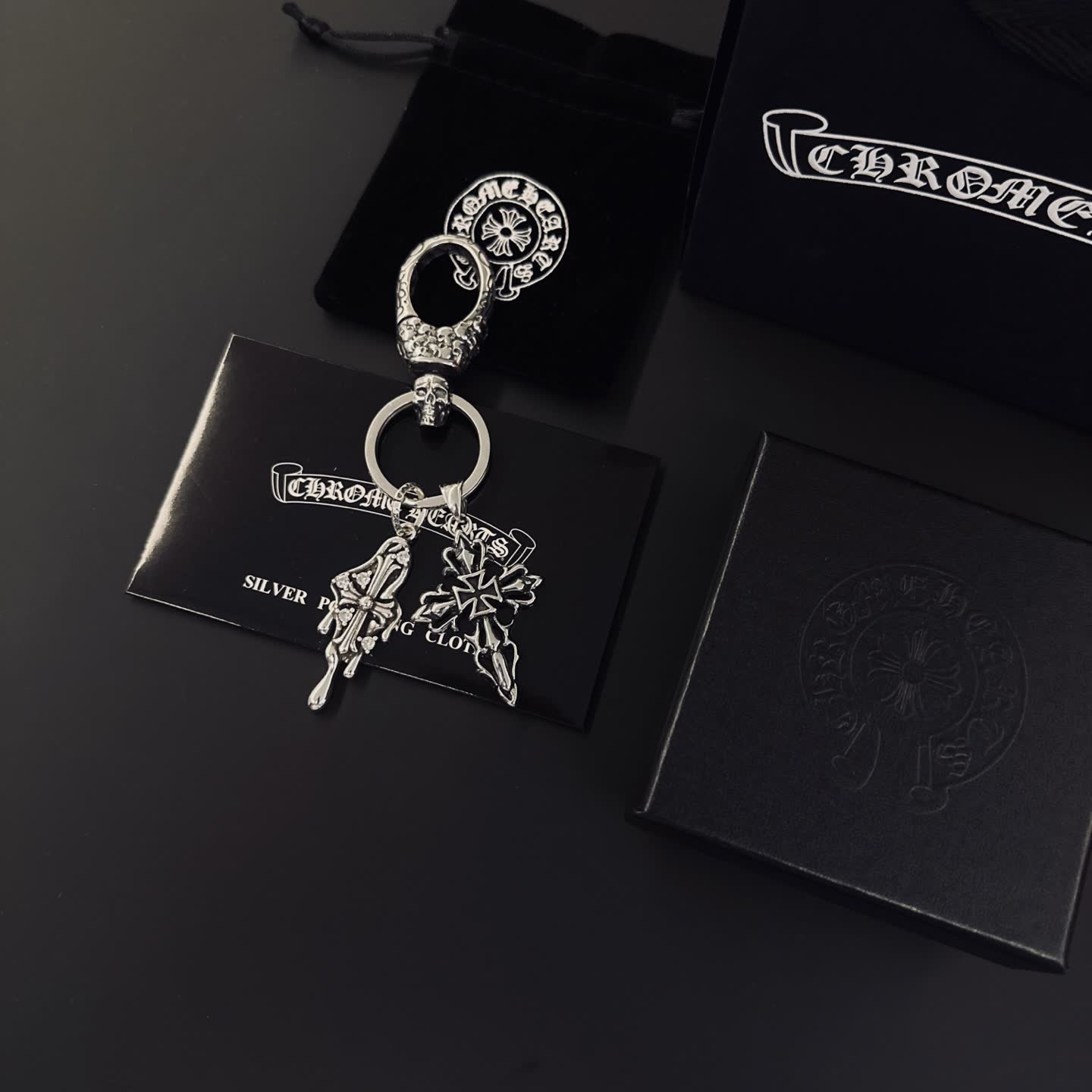 Chrome Hearts Silver Keychain with Skull and Cross Charms